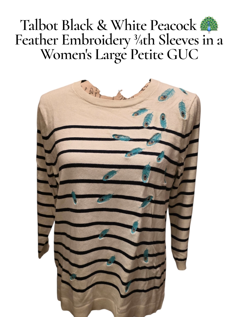 Talbots Cream & Black Striped Peaco​ck Feather Embroidered Sweater Large Petite
